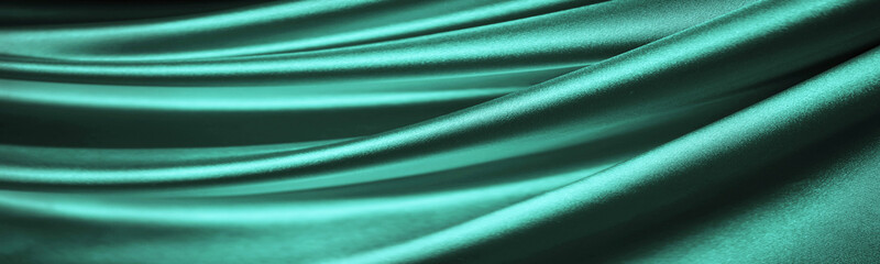 Wall Mural - Light green blue silk satin. Turquoise elegant background with space for design. Banner. Wide. Long. Panoramic. Website header. Silky shiny fabric. Soft folds. Wavy. Ripple.  