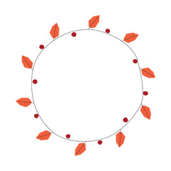 Wall Mural - Vector isolated circle illustration with flat bonacal wreath. Round frame has tree branch with orange leaves and red berries. Decorative organic elements on white background