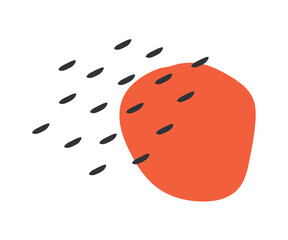 Wall Mural - Vector isolated illustration with two abstact elements - orange hand drawn spot and black smal seeds. Symbol of autumn - rain with sun. Decorative minimalistic fall objects  on white background