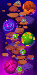 Poster - game ui level map with space planets, rocks, path and numbers. cartoon 2d fantasy galaxy, universe t