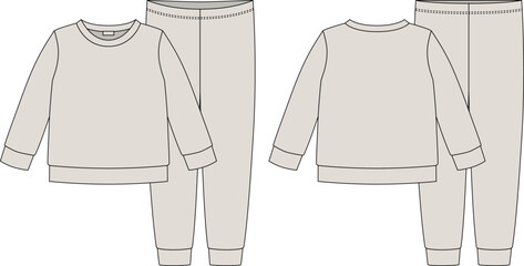Wall Mural - Apparel pajamas technical sketch. Grey color. Childrens cotton sweatshirt and pants. Kids outline nighwear design template.