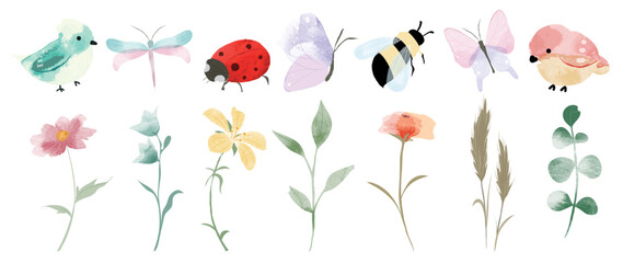 Aufkleber - Set of botanical vector element. Collection of bird, butterfly, dragonfly, honey bee, flower, wildflowers, leaf, ladybug. Watercolor garden illustration design for logo, wedding, invitation, decor.