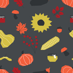 Wall Mural - Vector seamless pattern with flat botanical elements. Geometrical symbols of autumn plants and vegetables - pumpkins, berries, nuts and mushrooms. Colorful decorative fall objects on grey background