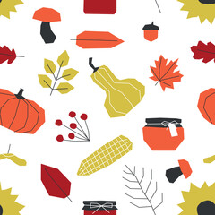 Wall Mural - Vector seamless pattern with flat botanical elements. Geometrical symbols of autumn plants, vegetables and food - pumpkins, mushrooms, jam and nuts. Bright fall objects on white background
