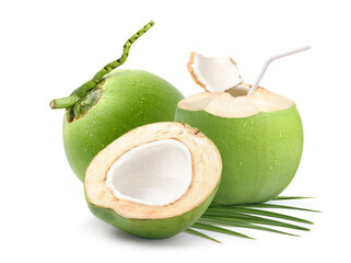 Wall Mural - coconut juice with fresh young coconut fruit isolated on white background.