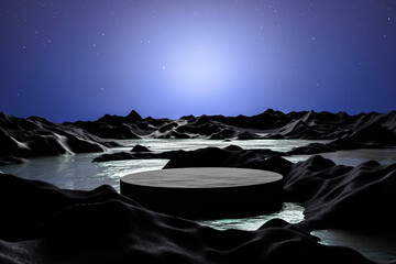 Wall Mural - 3d render platform and natural podium background on the sea with low mountain with star on the sky a