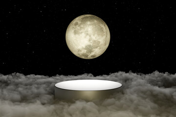 3d render platform and natural podium background on the high clouds with moon at night for product d