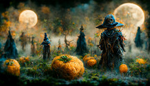 Witch Village Illustration With Pumpkins On Halloween Night. Realistic Halloween Festival Illustration. Halloween Night Pictures For Wall Paper. 3D Illustration. Use Digital Paint Blurring Techniques.