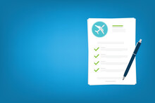 Flight Insurance Document. Airlines Risk Safety Assurance Agreement, Checklist. Airplane Travel Coverage Protection.