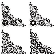 Poster - Mexican floral corners vector design set of four in black and white, retro folk art pattern collection inspired by traditional embroidery from Mexico
 