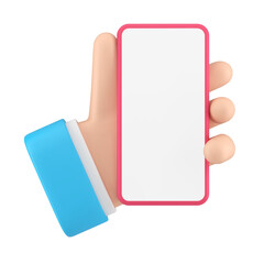 Poster - Business man hand blue suit holding smartphone screen app internet advertising 3d icon vector