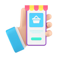 Poster - Online shopping smartphone application digital store business male hand browsing 3d icon vector