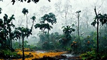 Gloomy Landscape Of The Jungle In The Rain. Abstract Illustration Art