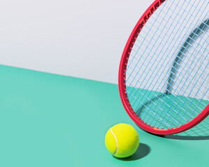 Wall Mural - Minimalistic, tennis composition with red tennis racket and yellow, tennis ball on a blue background with copy space. Tennis competition. Selective focus, closeup