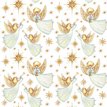 Watercolor Seamless Pattern With Cute Christmas Angels, Stars On A White Background