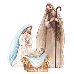Sticker - Christmas nativity scene of Joseph and Mary holding baby Jesus, hand drawn watercolor illustration