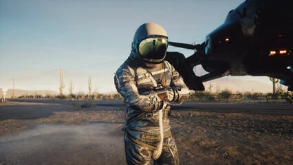 Wall Mural - the spacecraft is refueled at a refueling station. astronaut at a spacecraft refueling station. the 