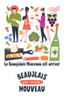 Beaujolais Nouveau Wine Festival. Vector illustration, a set of design elements for a wine festival. The inscription means Beaujolais Nouveau has arrived!