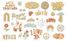 Set Lettering And Stickers Retro 1970s. Psychedelic Groove Elements. Funny Illustrations Pacific, Mushroom And Rainbow In Flat Style. Positive And Peace Symbols In Vintage Style. Vector