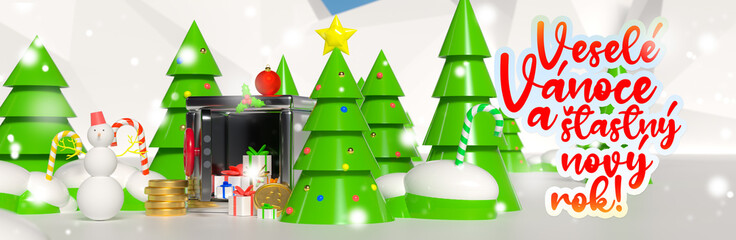 Wall Mural - Narrow background with the text Merry Christmas and Happy New Year in Czech on the topic of banking and savings. Festive banner with safe box, Christmas trees and snow.