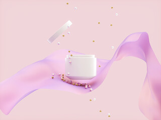 Poster - Beauty fashion smooth elegant flying cloth for product display with cosmetic cream jar mockup. 3d rendering.