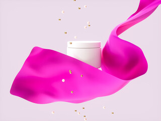 Poster - Beauty fashion smooth elegant flying cloth for product display with cosmetic cream jar mockup. 3d rendering.