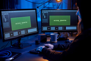 Poster - cybercrime, hacking and technology concept - female hacker in dark room breaking security system or using computer virus program for cyber attack