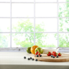Wall Mural - desk of free space and fresh fruits.