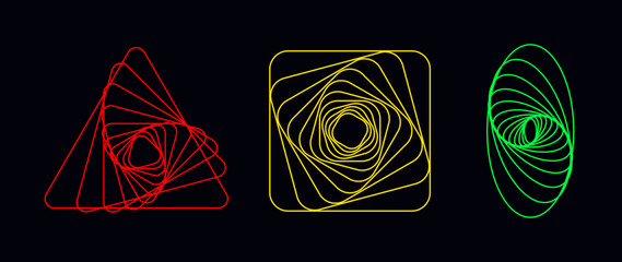 Poster - Vector set of twisted colored geometry figures. Spirals fractal element. Sacred geometry with lines in the form triangle, square, circle.