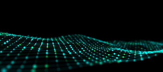Poster - Technology green wave with lines. Big data visualization. Analytics representation. Digital background. 3d rendering.