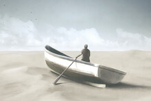 Illustration Of Man On A Canoe Navigating In The Desert, Mirage Surreal Abstract Concept