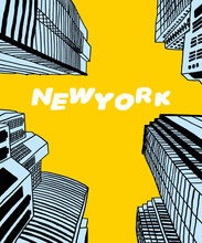 Vector Illustration Of New York City Skyline Annotations, Various Landmarks Of New York, USA. NY Cityscape For Poster And Postcards On Yellow Background. America