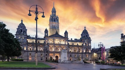 Poster - Time lapse of Glasgow City Chambers in George square at sunset to night, Scotland - UK