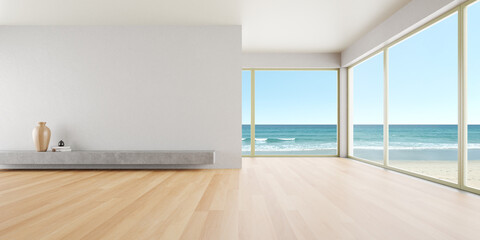 Wall Mural - 3d rendering of modern living room with white empty wall and wooden floor. Sea view background.