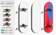 Vector skateboard deck and trucks with wheels set - editable part composer template. Easy possibility change of every aspect of the skateboard