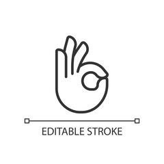 Sticker - OK gesture pixel perfect linear icon. Agreement sign. Approvement symbol. Body language. Thin line illustration. Contour symbol. Vector outline drawing. Editable stroke. Arial font used