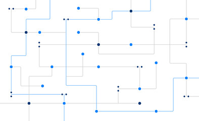 Fototapete - Digital circuit network board system connect dots and lines long banner background template. Technology linked global digital database graphic vector
