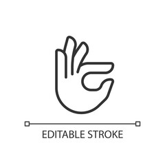 Sticker - Fingers holding small item pixel perfect linear icon. Hand gesture. Interaction sign. Thin line illustration. Contour symbol. Vector outline drawing. Editable stroke. Arial font used