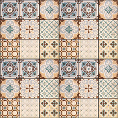Aufkleber - Old seamless flowers leaves vintage geometric shabby mosaic ornate patchwork motif porcelain stoneware tiles, square mosaic stone concrete cement tile wall texture background..