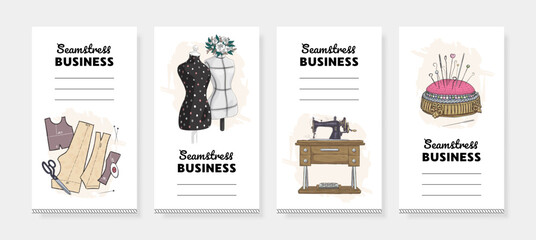 Hand drawn design seamstress social media stories. Vector illustration of sewing machine, pin cushion and buttons