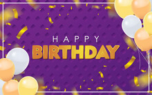 Purple Happy Birthday With Gold Confetti And Balloons Vector Illustration