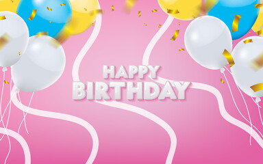 Wall Mural - Pink Happy Birthday with Gold Confetti and Balloons Vector Illustration