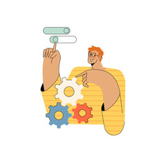 The man turns on the sliders and rotates the gears. Flat graphic vector illustration isolated on white background.