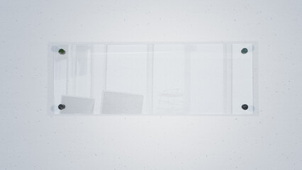 Poster - Close-up of blank glass nameplate mounted on clean white wall, copy space