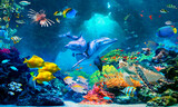Fototapeta Do przedpokoju - Underwater world with reefs and dolphins. Digital collage. Photo wallpapers.