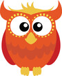  Cute orange red cartoon owl with big eyes. Transparent background.