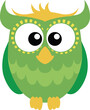  Cute green cartoon owl with big eyes. Transparent background.