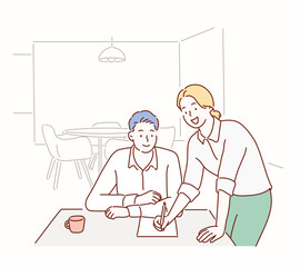 Man and woman work together, colleagues, employees. The woman is standing in front of the desk and the man is sitting. hand drawn style vector design illustrations.