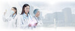 © Paulista - Double exposure of young female doctor during working shift in hospital with cityscape in background.