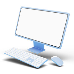 3d Computer monitor, wireless mouse, keyboard float on blue background. Social media marketing online, e commerce, Website digital store, shop app concept. Desktop mockup blank white screen. 3d render